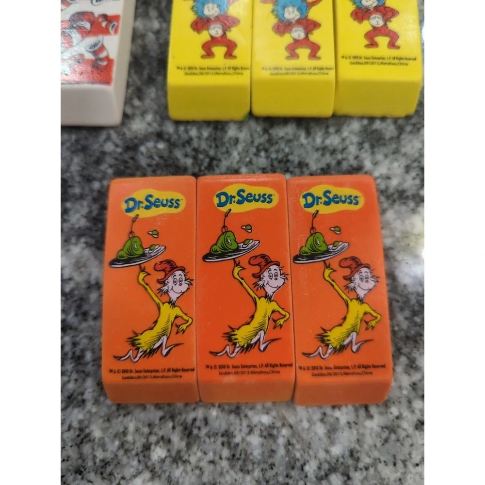 Lot Of 10 Dr. Seuss Beveled Erasers 2016 Cat in the Hat Funny Things